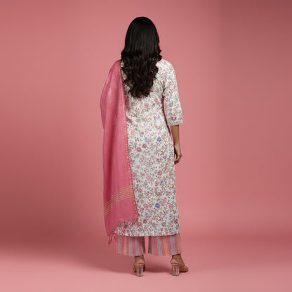 White and Flowers Shaped Red and Blue Kurti Set