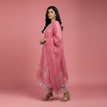 White and Flowers Shaped Red and Blue Kurti Set
