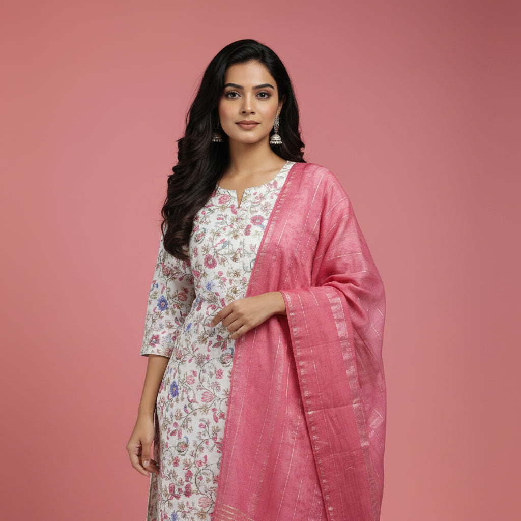 White and Flowers Shaped Red and Blue Kurti Set