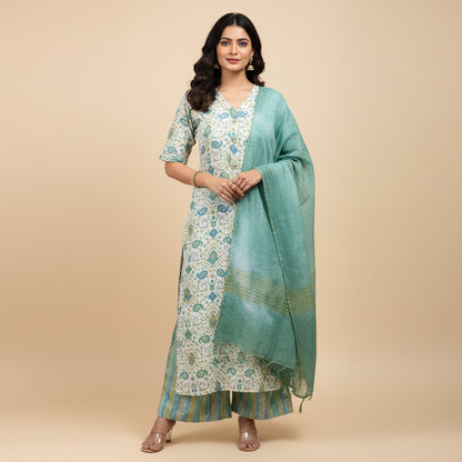 White and Geometrical Shape Dark Green Kurti Set