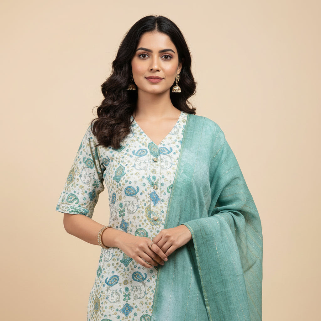 White and Geometrical Shape Dark Green Kurti Set