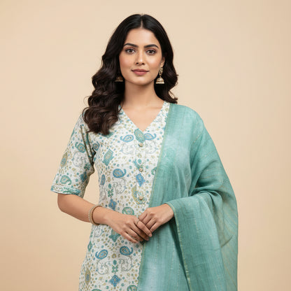 White and Geometrical Shape Dark Green Kurti Set