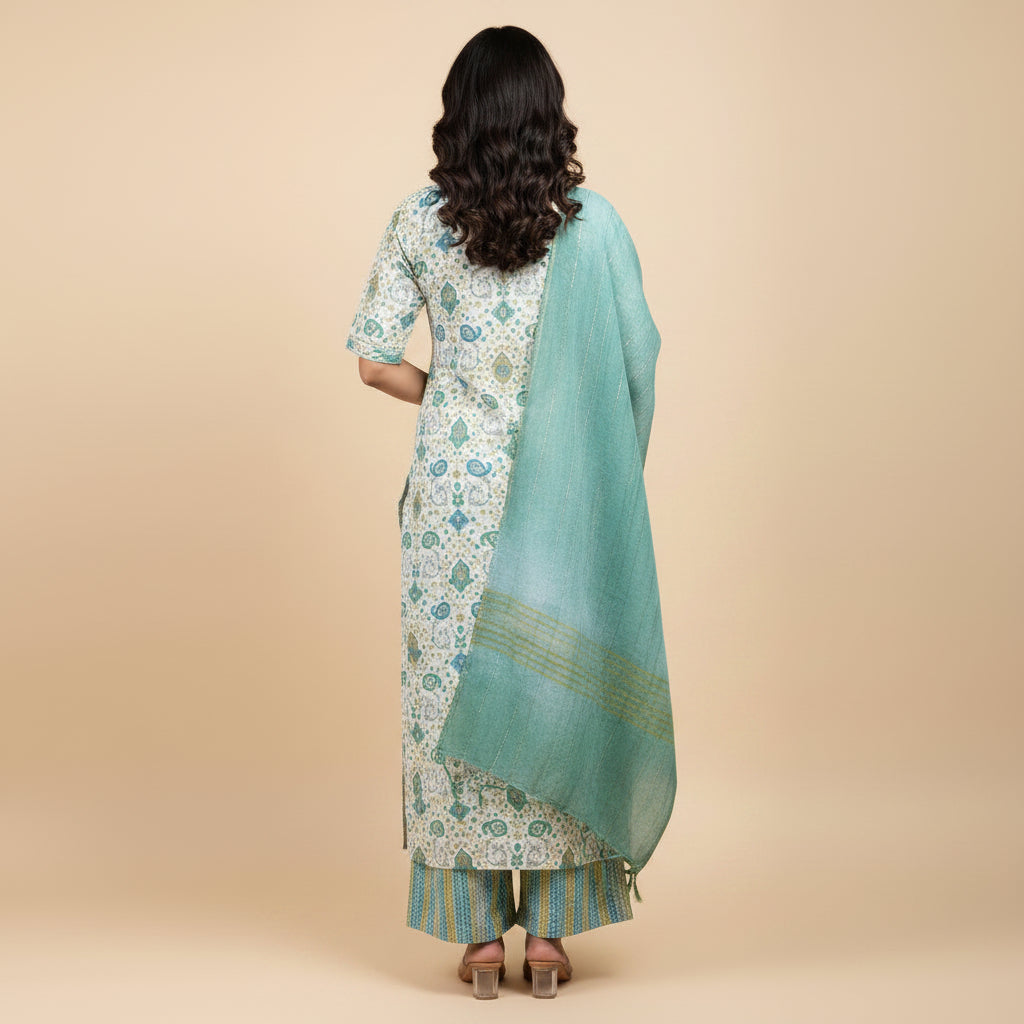 White and Geometrical Shape Dark Green Kurti Set