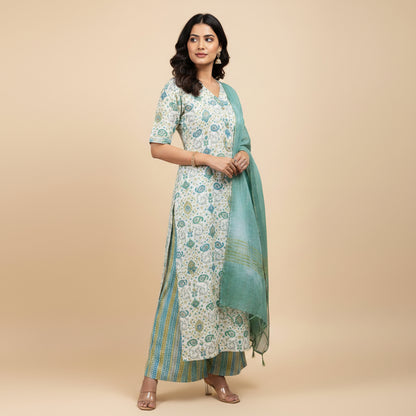 White and Geometrical Shape Dark Green Kurti Set