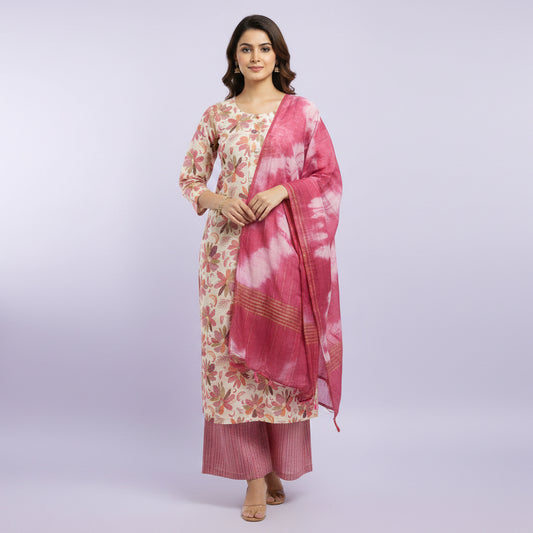 White and Flowers Red and Voilet and Orange Kurti Set