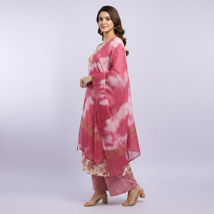 White and Flowers Red and Voilet and Orange Kurti Set