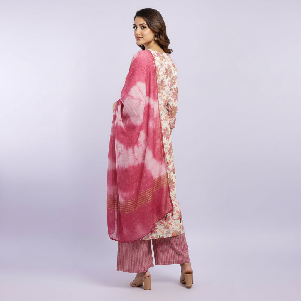 White and Flowers Red and Voilet and Orange Kurti Set