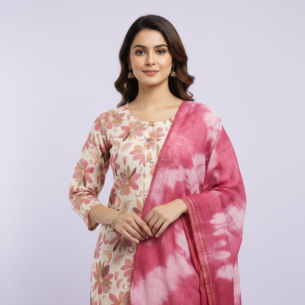 White and Flowers Red and Voilet and Orange Kurti Set