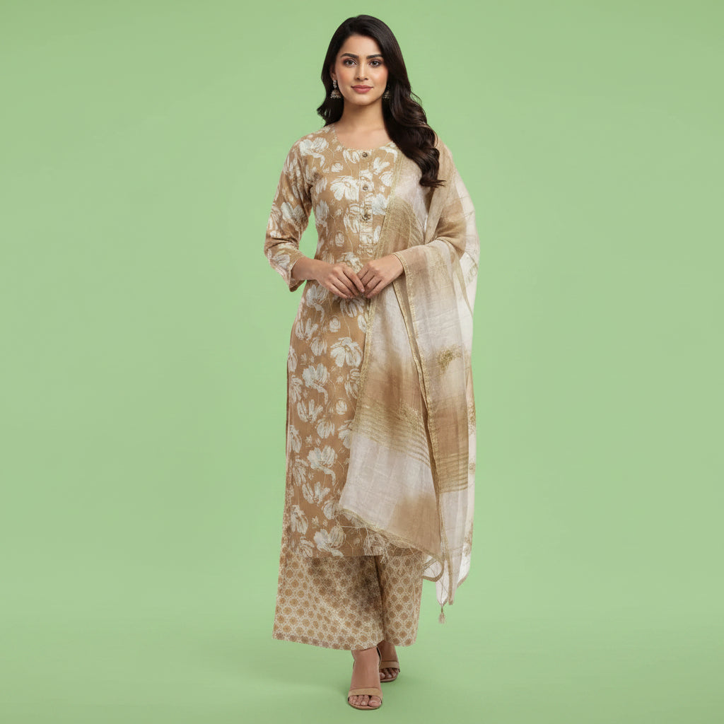 Brown and Flowers White Kurti Set