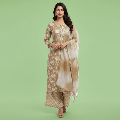 Brown and Flowers White Kurti Set