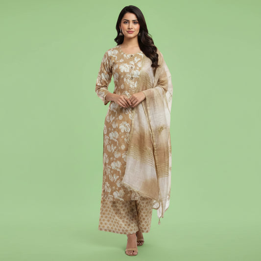 Brown and Flowers White Kurti Set