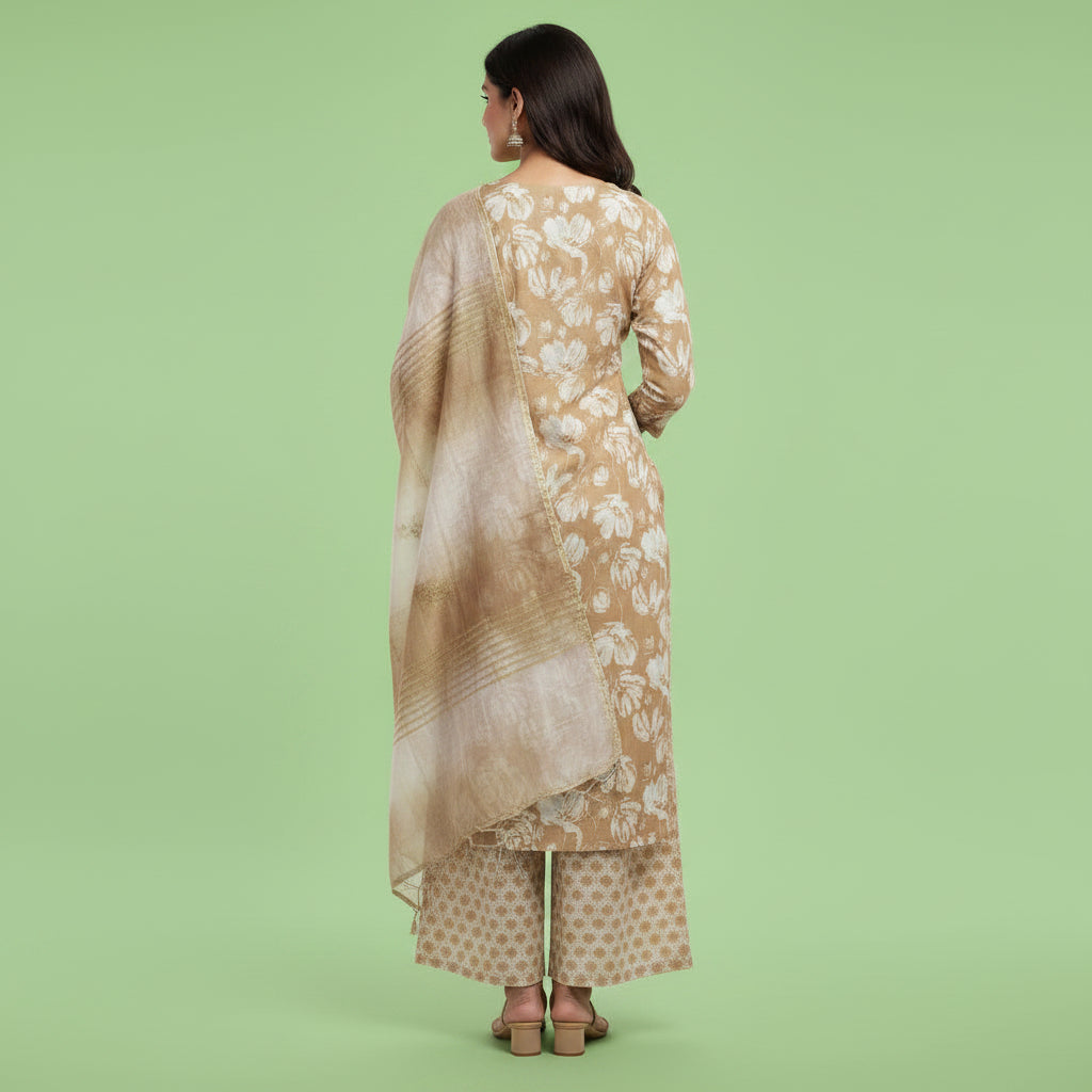 Brown and Flowers White Kurti Set