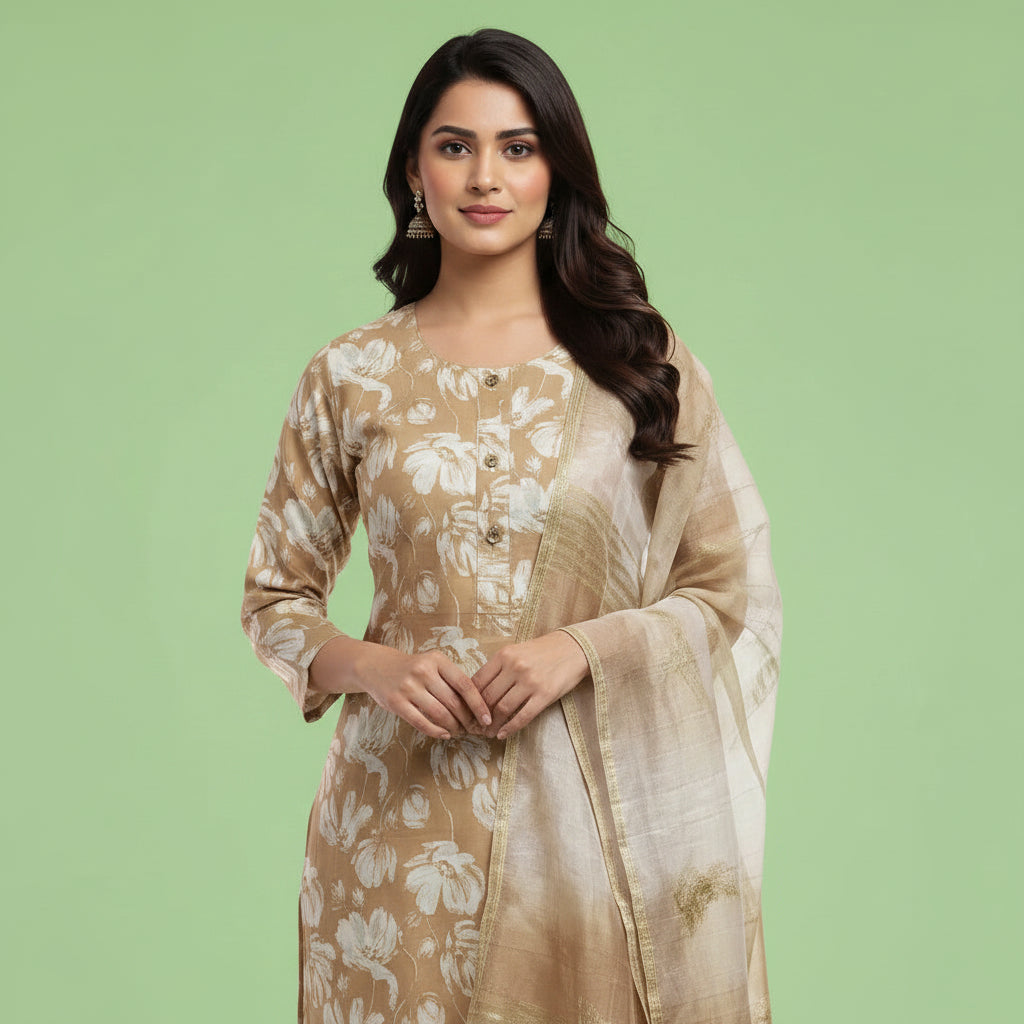 Brown and Flowers White Kurti Set