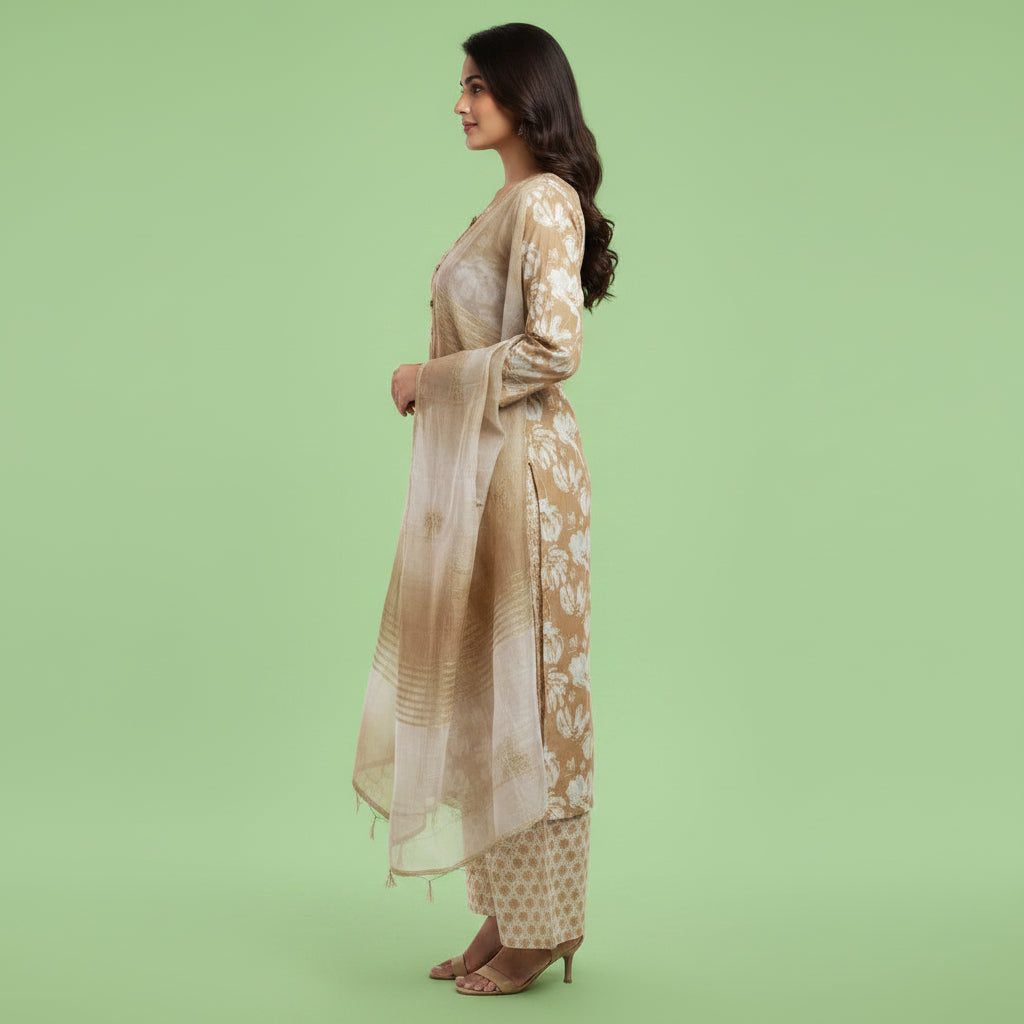 Brown and Flowers White Kurti Set