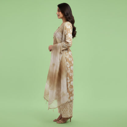 Brown and Flowers White Kurti Set