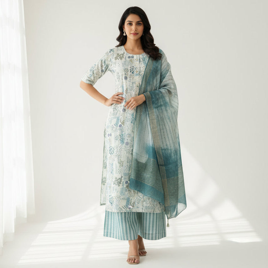 A woman models a light blue and white printed three-piece salwar kameez suit with striped trousers and a matching gradient dupatta in a bright, sunlit studio.