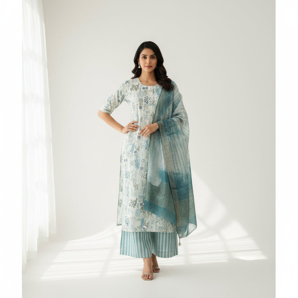 White and Trees Green Kurti Set