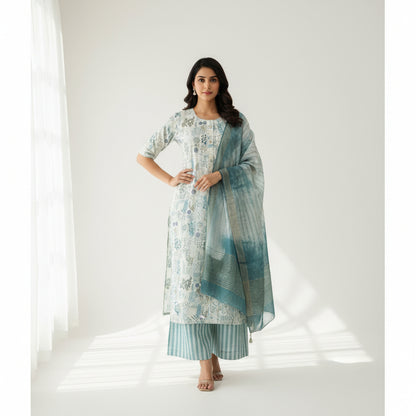 White and Trees Green Kurti Set