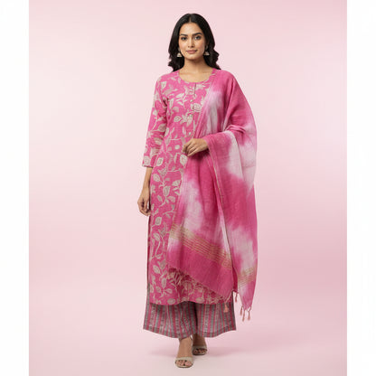 Pink White Leaves Kurti Set