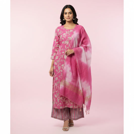 Pink White Leaves Kurti Set