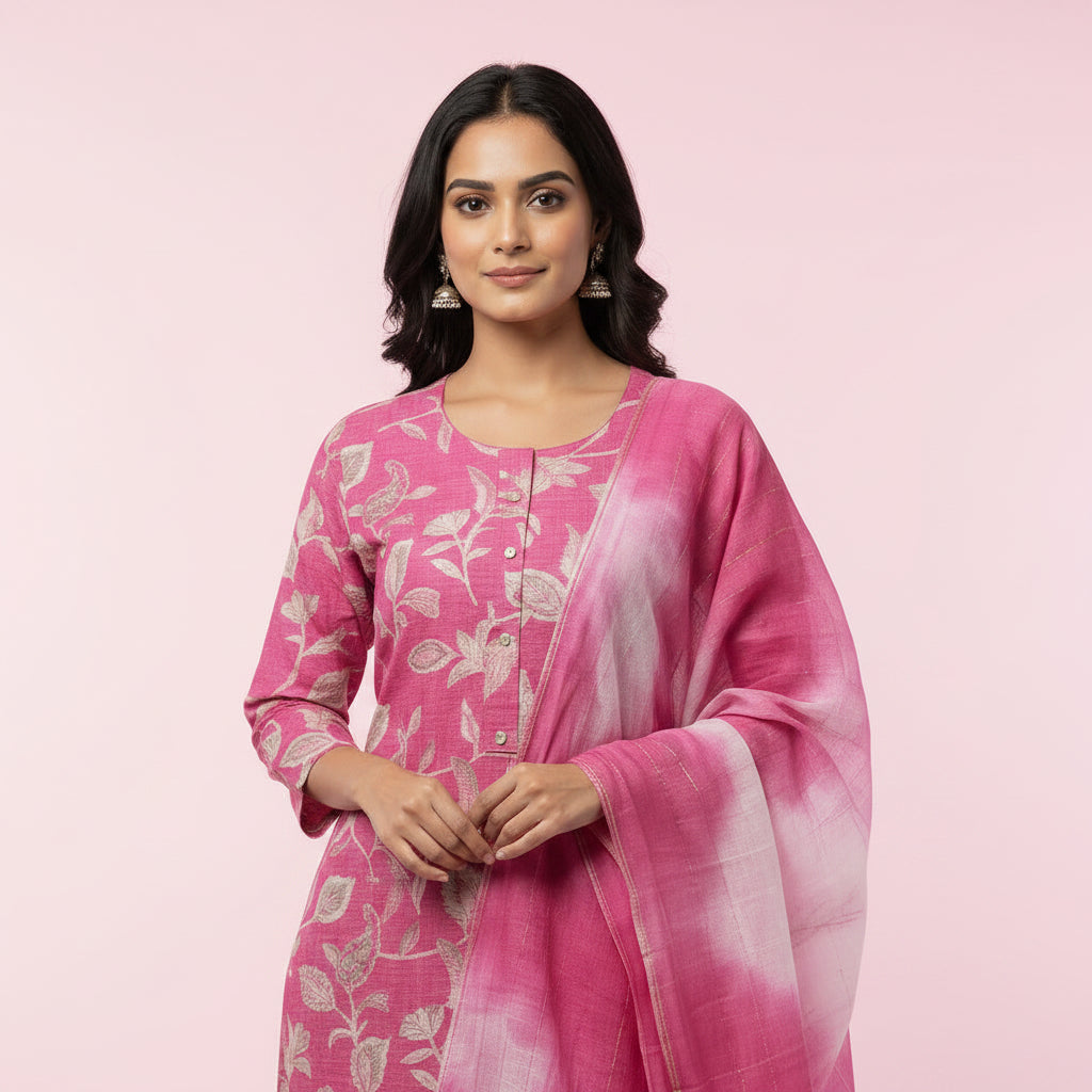 Pink White Leaves Kurti Set