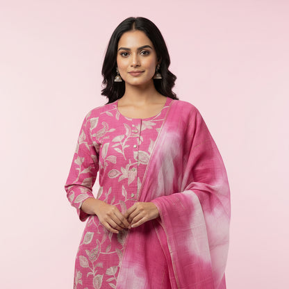 Pink White Leaves Kurti Set