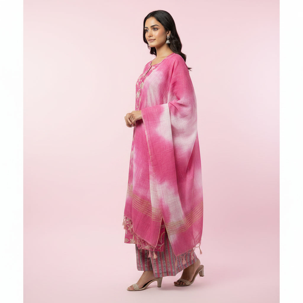 Pink White Leaves Kurti Set
