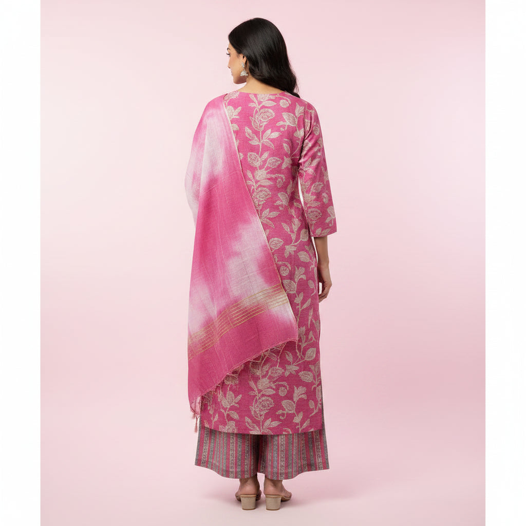 Pink White Leaves Kurti Set