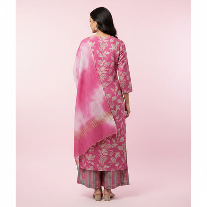 Pink White Leaves Kurti Set