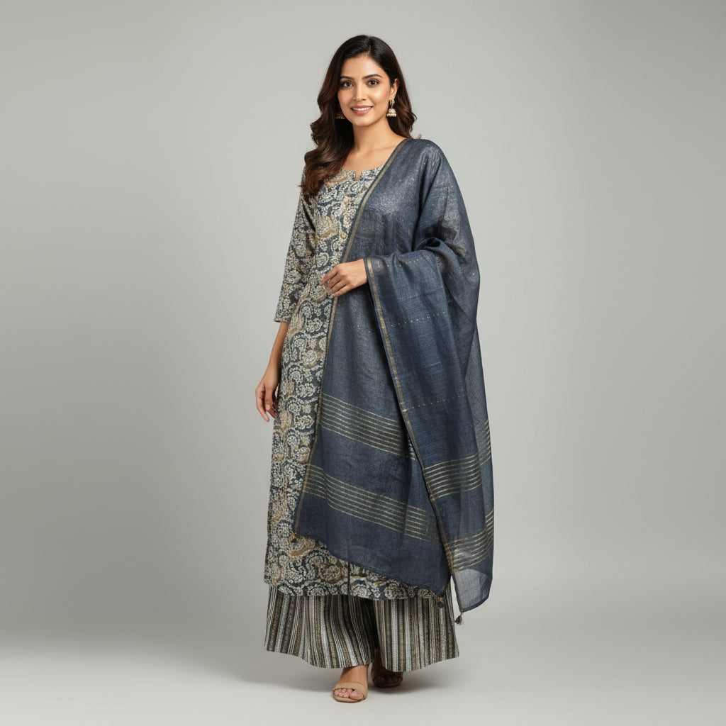 Grey and Circle White Kurti Set