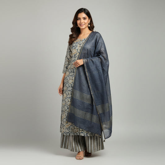 Grey and Circle White Kurti Set
