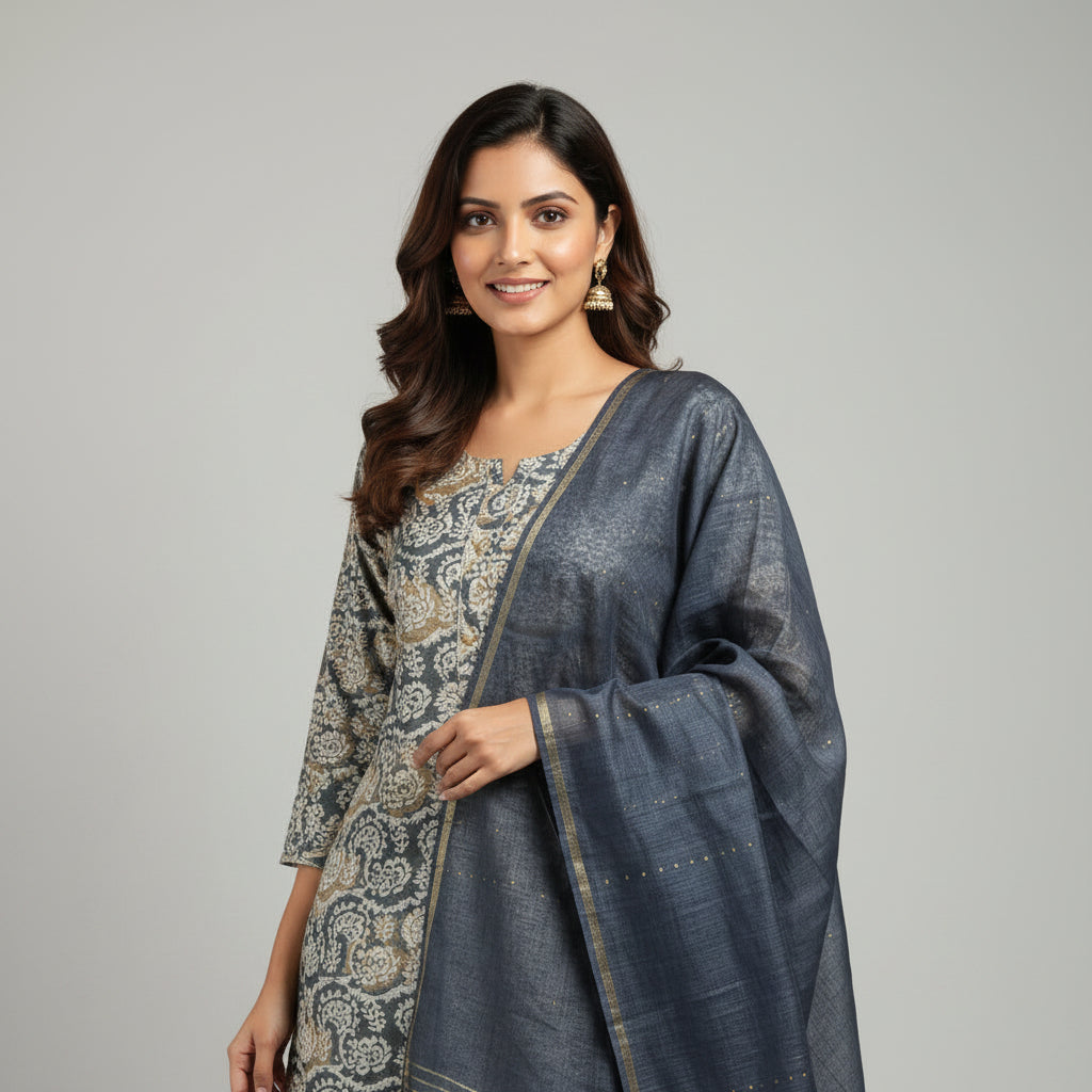 Grey and Circle White Kurti Set