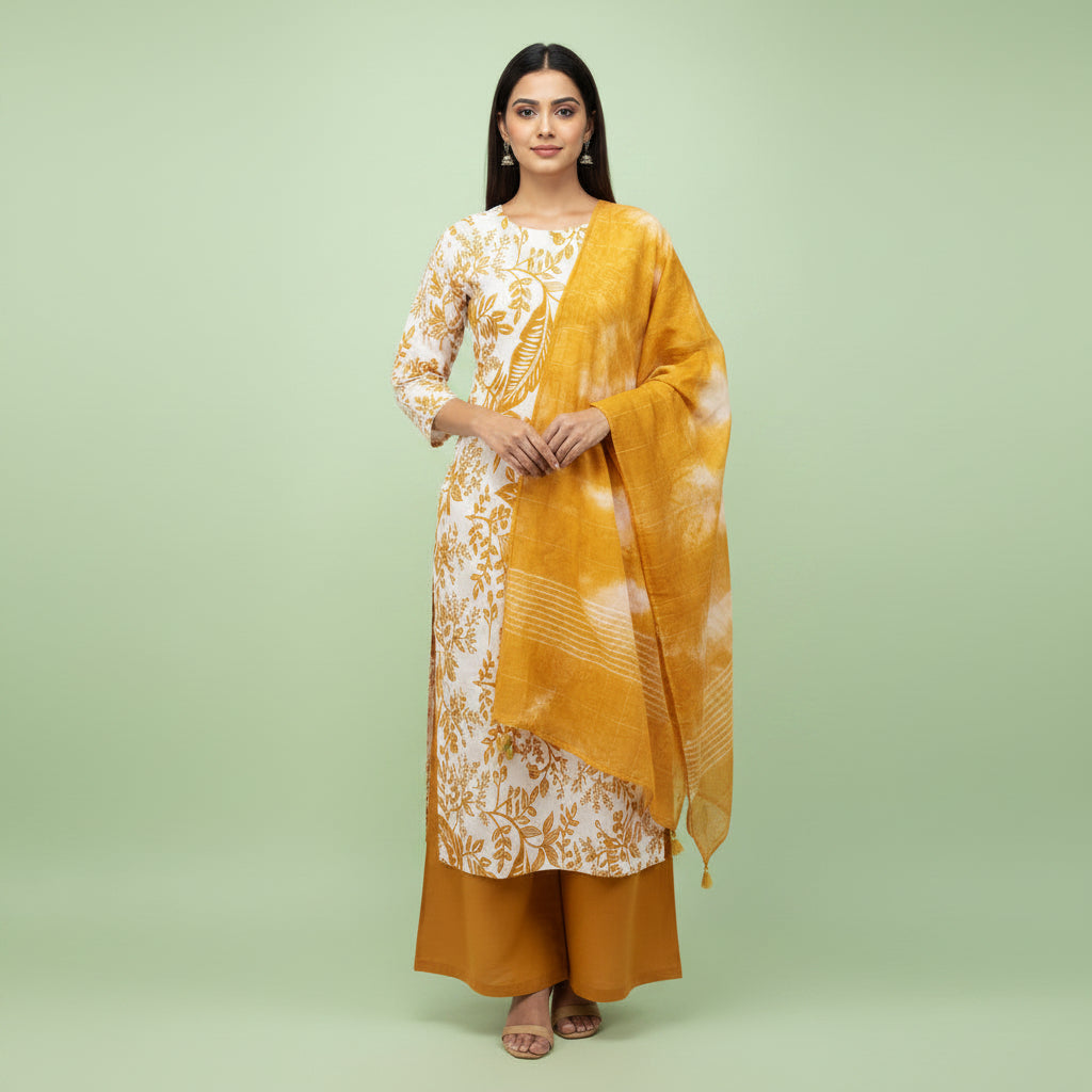 A woman shown from the back wearing a white kurta with a gold floral pattern, a mustard yellow shawl with white tie-dye, and mustard yellow pants, set against a solid pale green studio background.