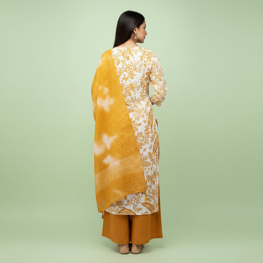 White and Orange Leaves Kurti Set