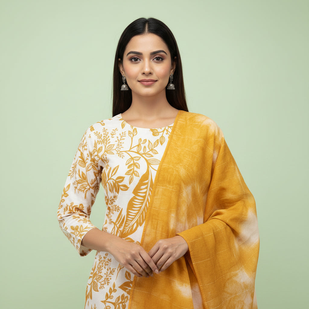White and Orange Leaves Kurti Set
