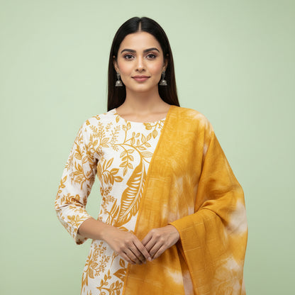 White and Orange Leaves Kurti Set