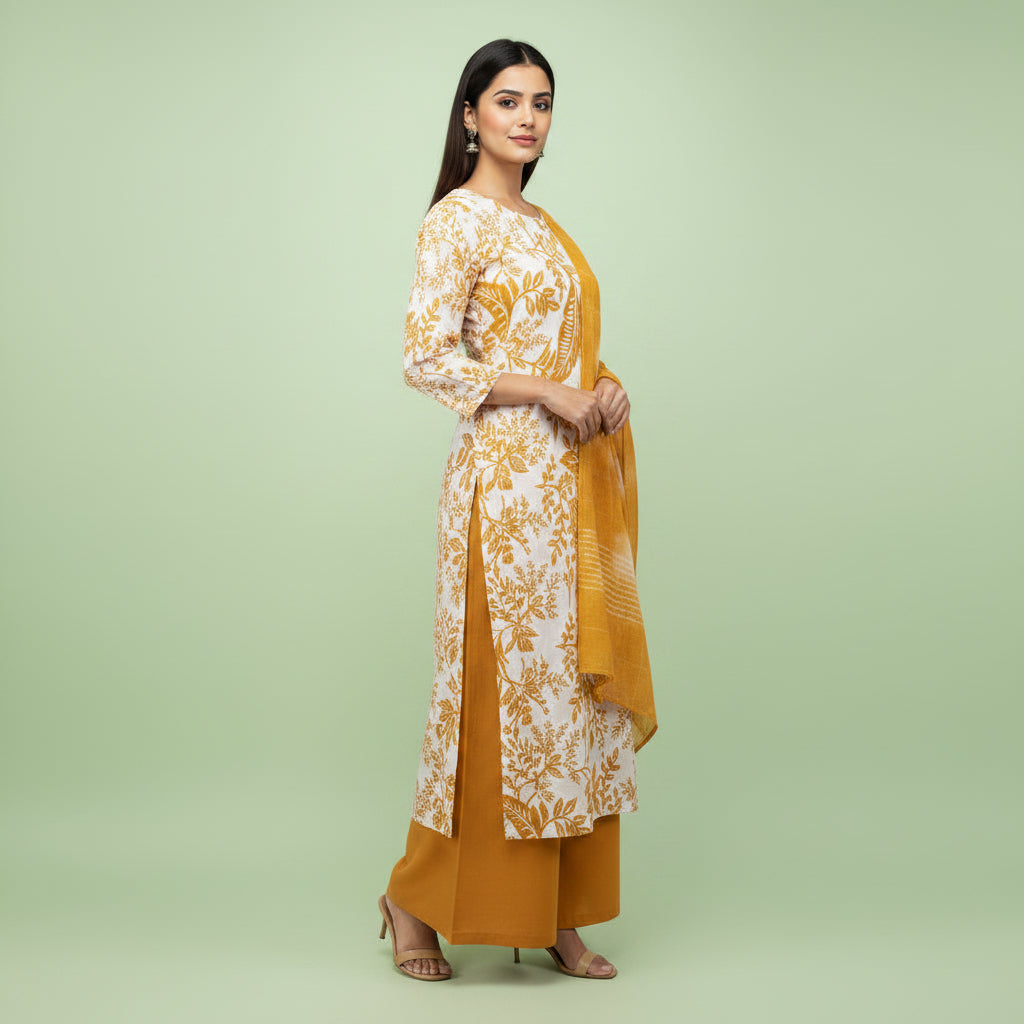 White and Orange Leaves Kurti Set