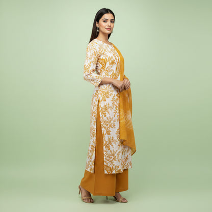 White and Orange Leaves Kurti Set