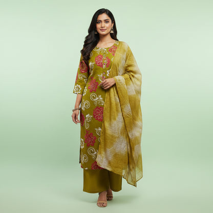 Dark Green with Flowers White and Red Kurti Set