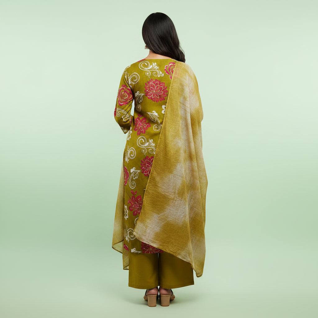 Dark Green with Flowers White and Red Kurti Set