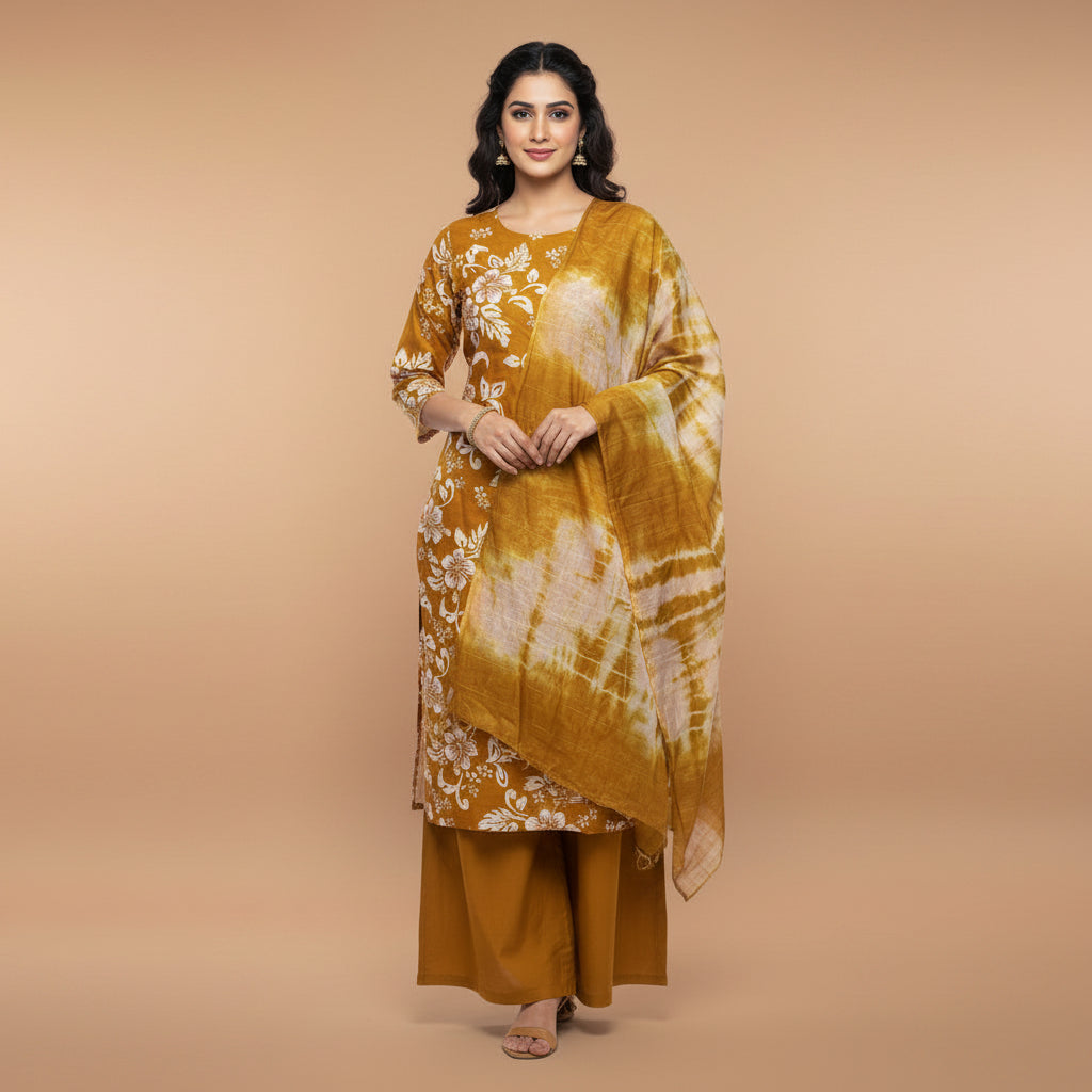A mustard yellow and white floral printed kurta set laid flat on a patterned bedsheet, next to matching folded trousers and a folded dupatta.