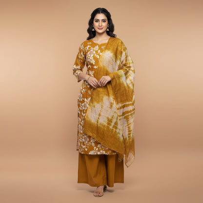A mustard yellow and white floral printed kurta set laid flat on a patterned bedsheet, next to matching folded trousers and a folded dupatta.