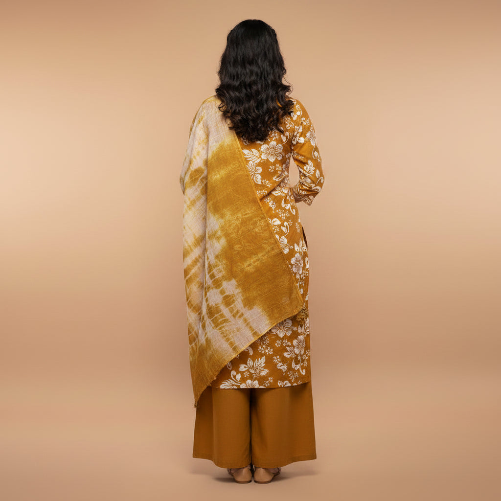 Brown and Flowers and Leaves White and Voilet Kurti Set