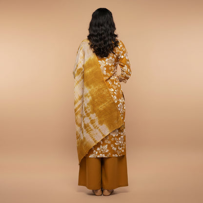 Brown and Flowers and Leaves White and Voilet Kurti Set
