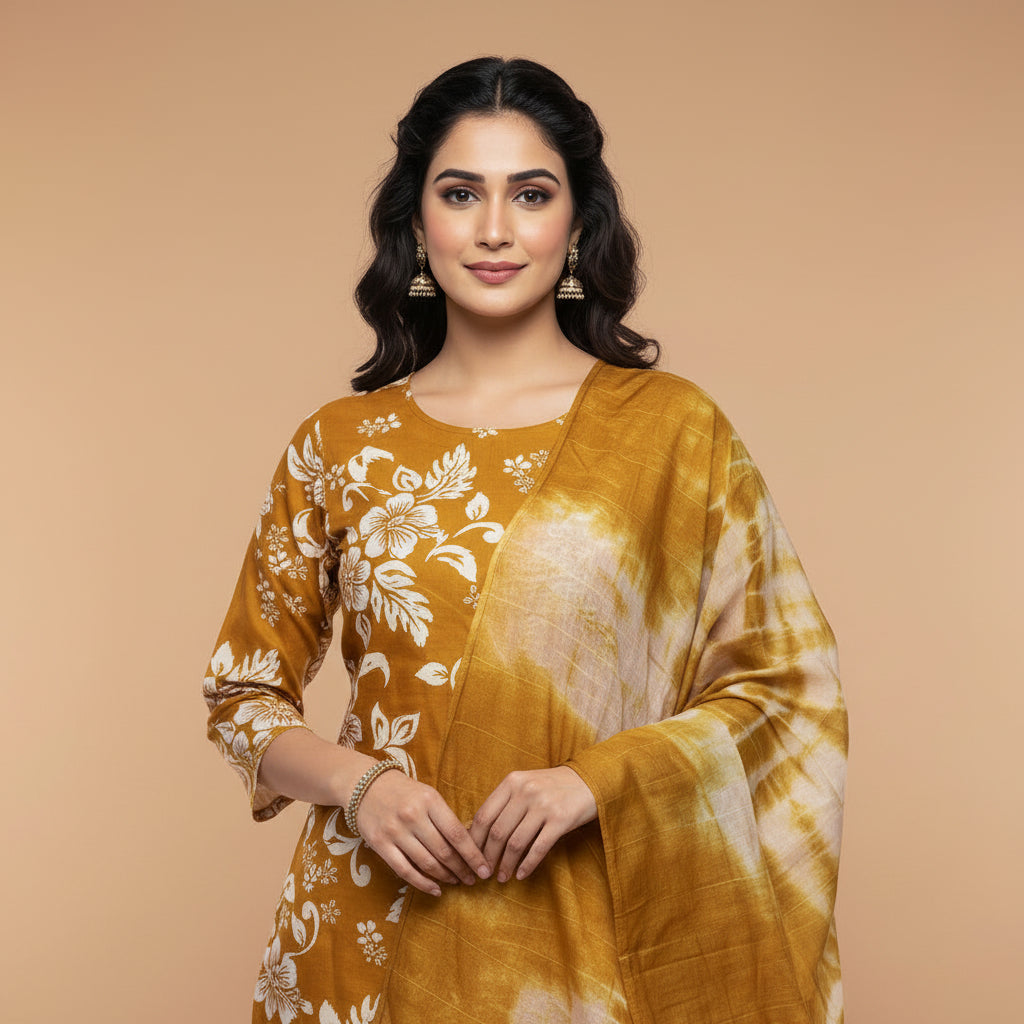 Brown and Flowers and Leaves White and Voilet Kurti Set