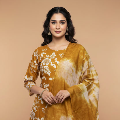 Brown and Flowers and Leaves White and Voilet Kurti Set