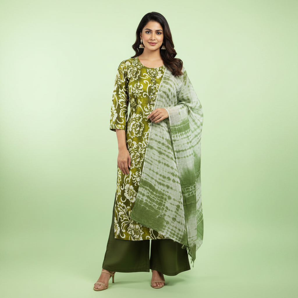 A green and beige floral printed tunic or kurta laid flat on a bed, alongside two pairs of matching green pants or shorts, all on a patterned bedsheet.