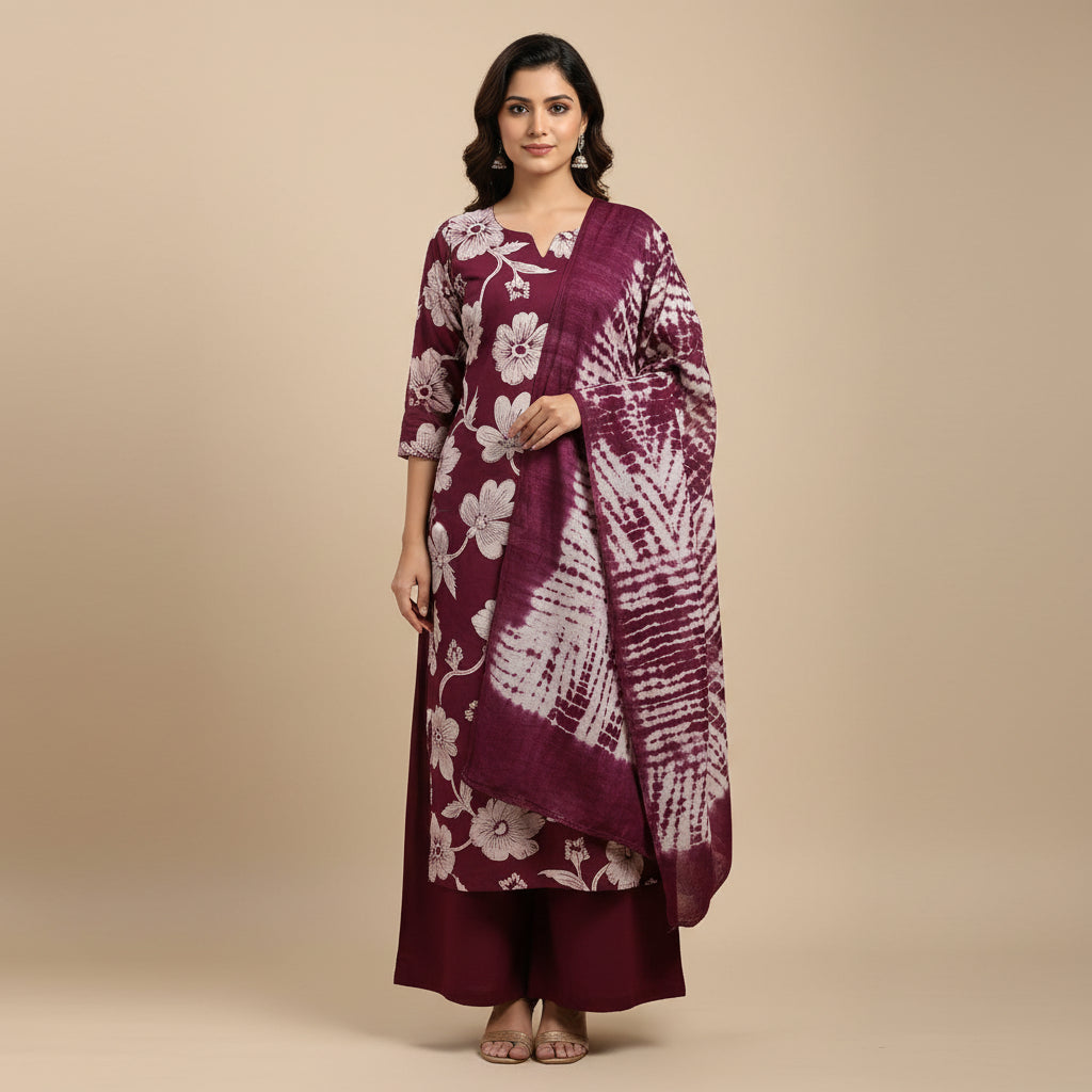 A folded three-piece women's clothing set laid out on a patterned bedsheet. The set includes a long-sleeve top in deep maroon with a light pink floral print, solid maroon pants, and matching maroon shorts with a purple and cream tie-dye pattern.