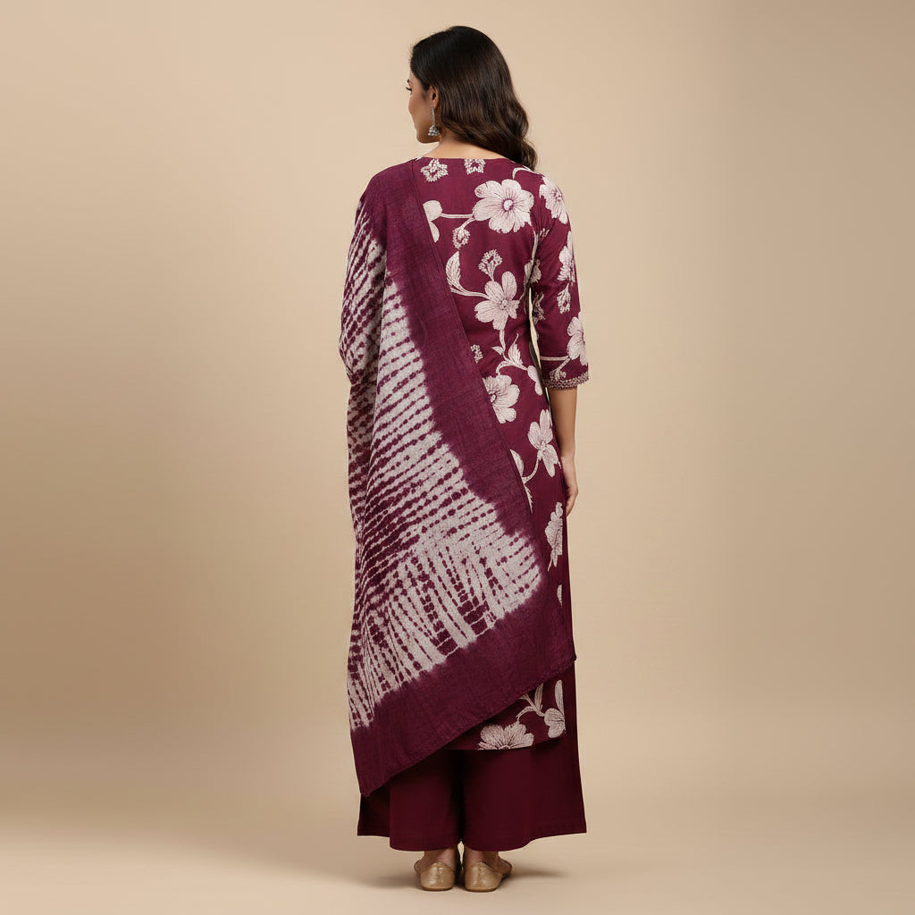 Purple and Flower White Kurti Set