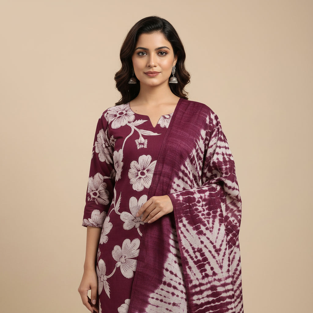 A woman modeling a deep purple and white floral printed kurta set with matching pants and dupatta against a solid beige studio background.